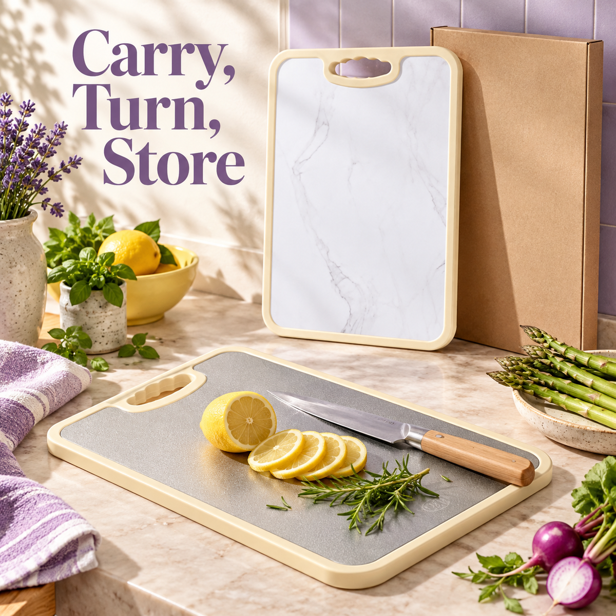 Dual-Sided Cutting Board with Textured Silver & Marble-Look Faces and Easy-Carry Handle — detail 04