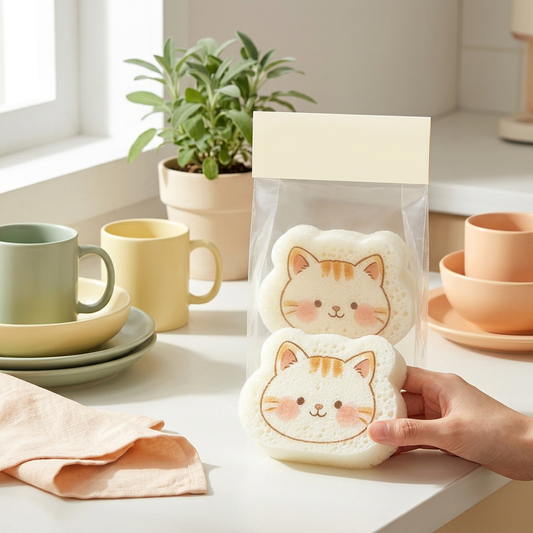 Orange tabby cat-shaped dishwashing sponge with unbranded packaging in a colorful kitchen