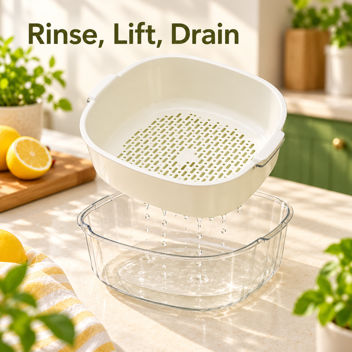 Cream Double-Layer Vegetable Washing Basket with Lift-Out Colander & Clear Catch Bowl — Rinse, Lift, Drain