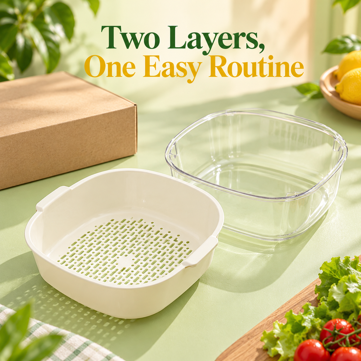 Cream Double-Layer Vegetable Washing Basket with Lift-Out Colander & Clear Catch Bowl — Two Layers, One Easy Routine