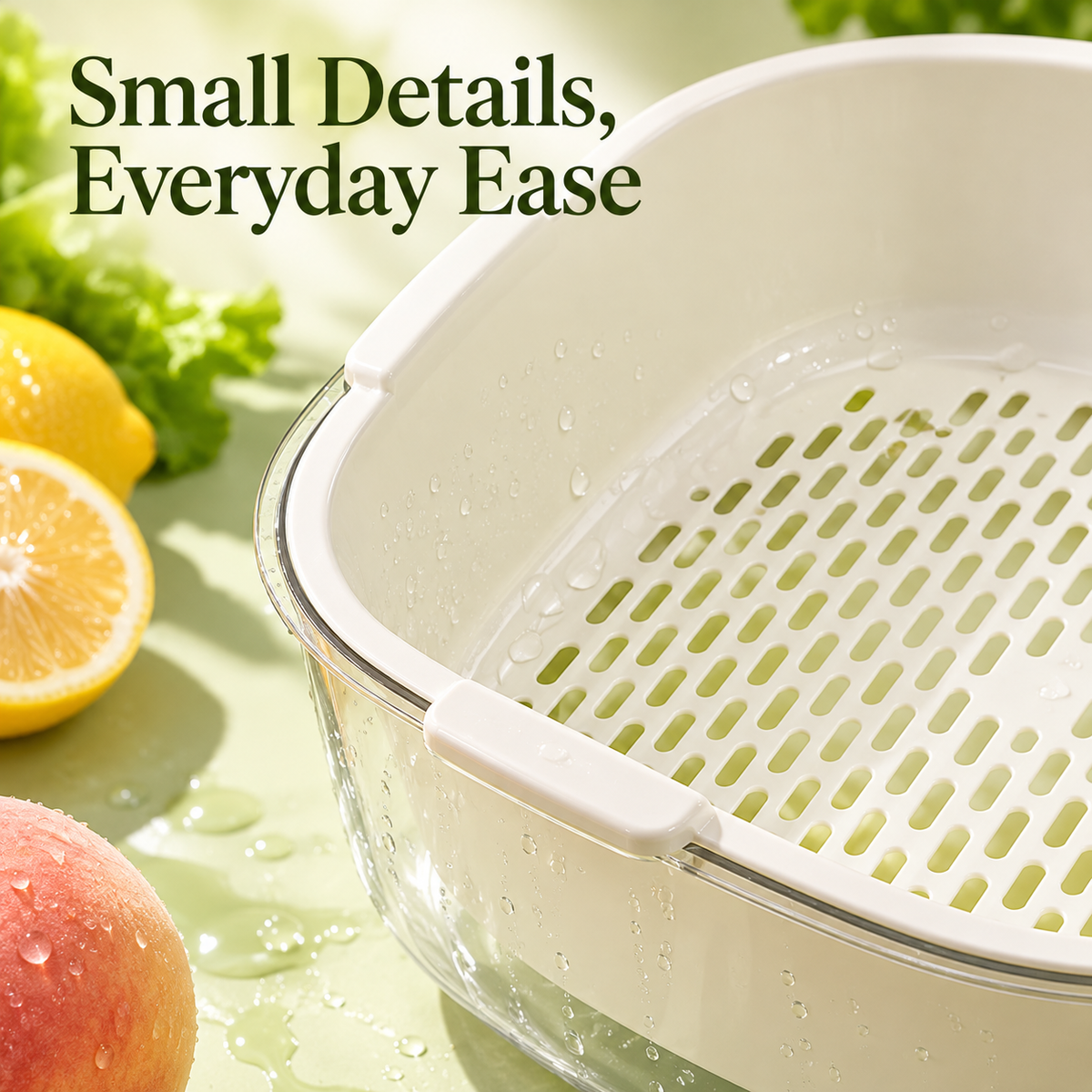 Cream Double-Layer Vegetable Washing Basket with Lift-Out Colander & Clear Catch Bowl — Small Details, Everyday Ease