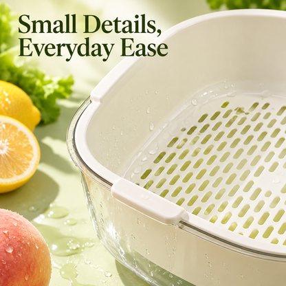 Cream Double-Layer Vegetable Washing Basket with Lift-Out Colander & Clear Catch Bowl — Small Details, Everyday Ease