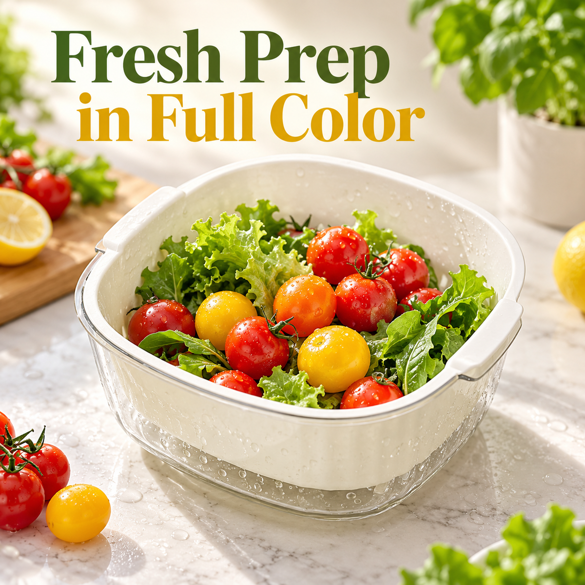 Cream Double-Layer Vegetable Washing Basket with Lift-Out Colander & Clear Catch Bowl — Fresh Prep in Full Color