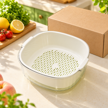 Cream Double-Layer Vegetable Washing Basket with Lift-Out Colander & Clear Catch Bowl — main view with plain kraft packaging