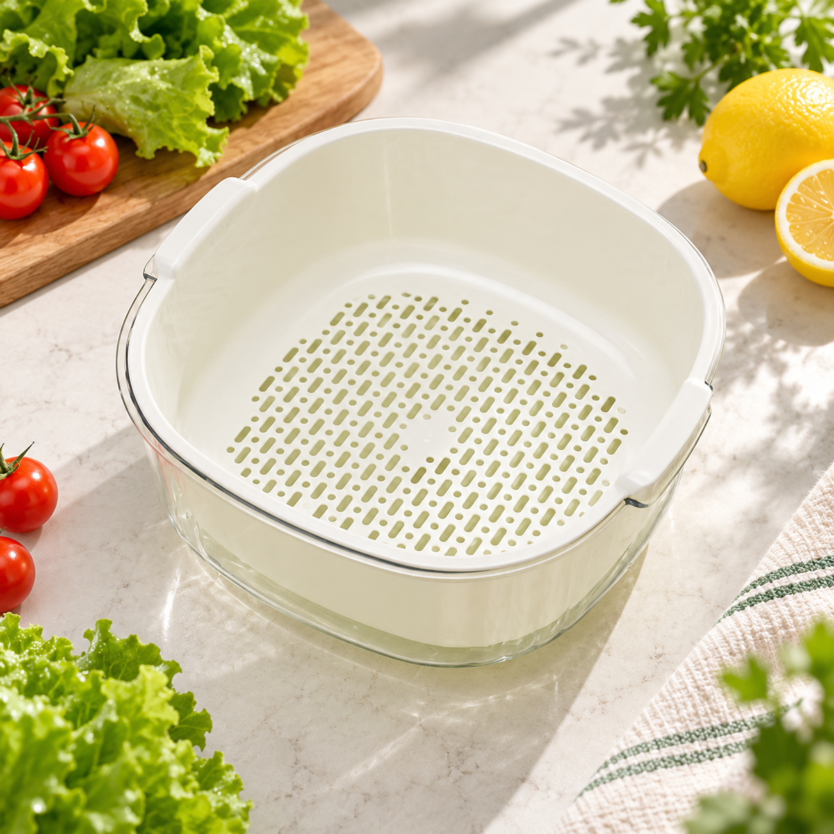 Cream Double-Layer Vegetable Washing Basket with Lift-Out Colander & Clear Catch Bowl — main 02