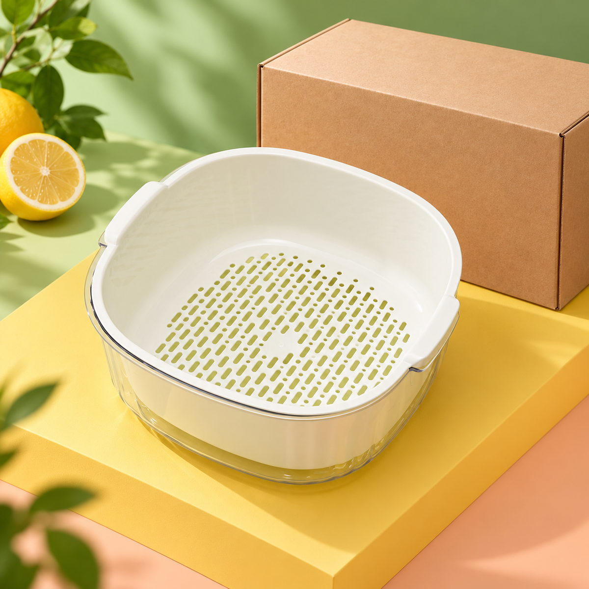 Cream Double-Layer Vegetable Washing Basket with Lift-Out Colander & Clear Catch Bowl — main 03