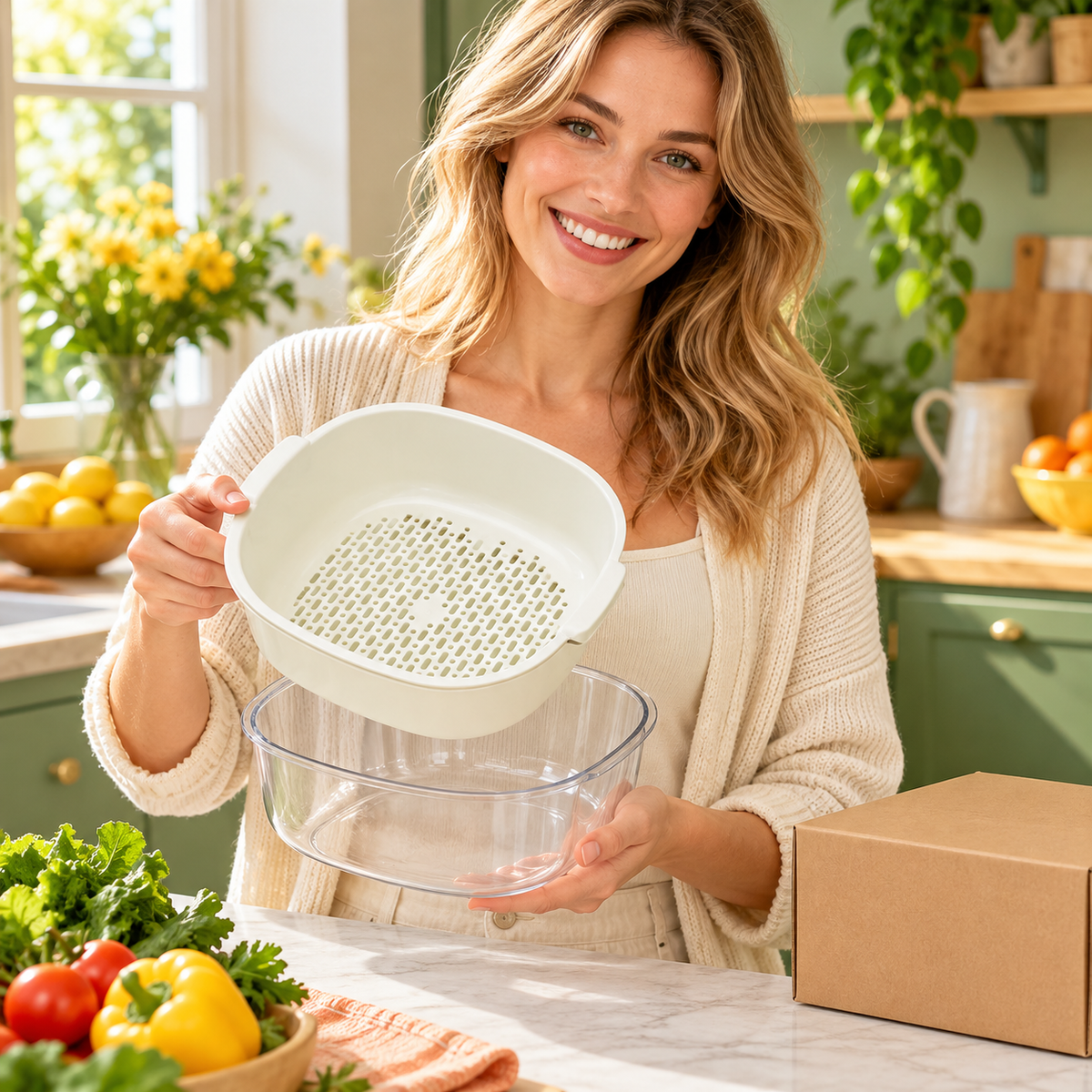 Cream Double-Layer Vegetable Washing Basket with Lift-Out Colander & Clear Catch Bowl — model female