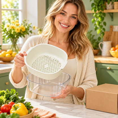 Cream Double-Layer Vegetable Washing Basket with Lift-Out Colander & Clear Catch Bowl — model female
