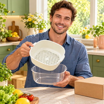 Cream Double-Layer Vegetable Washing Basket with Lift-Out Colander & Clear Catch Bowl — model male
