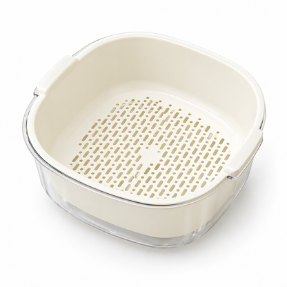 Cream Double-Layer Vegetable Washing Basket with Lift-Out Colander & Clear Catch Bowl — white background