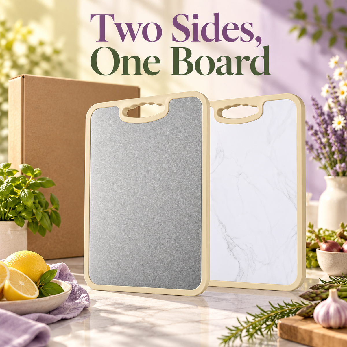 Dual-Sided Cutting Board with Textured Silver & Marble-Look Faces and Easy-Carry Handle — detail 01