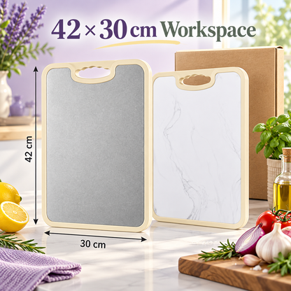 Dual-Sided Cutting Board with Textured Silver & Marble-Look Faces and Easy-Carry Handle — detail 03