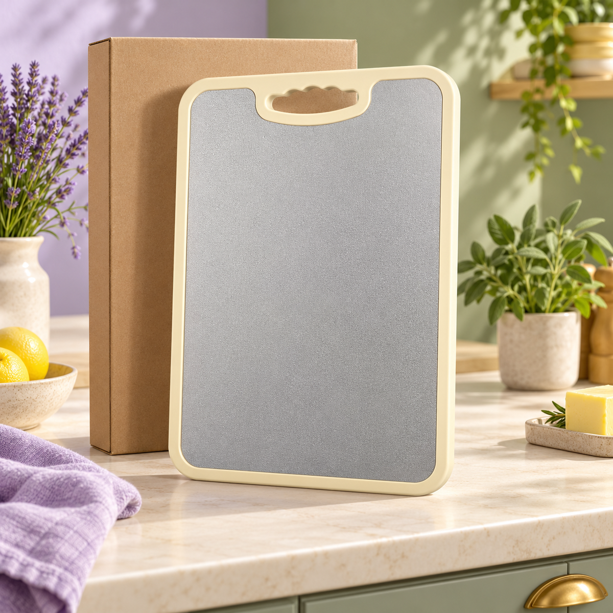 One dual-sided cutting board showing its silver face and cream frame beside unprinted kraft packaging