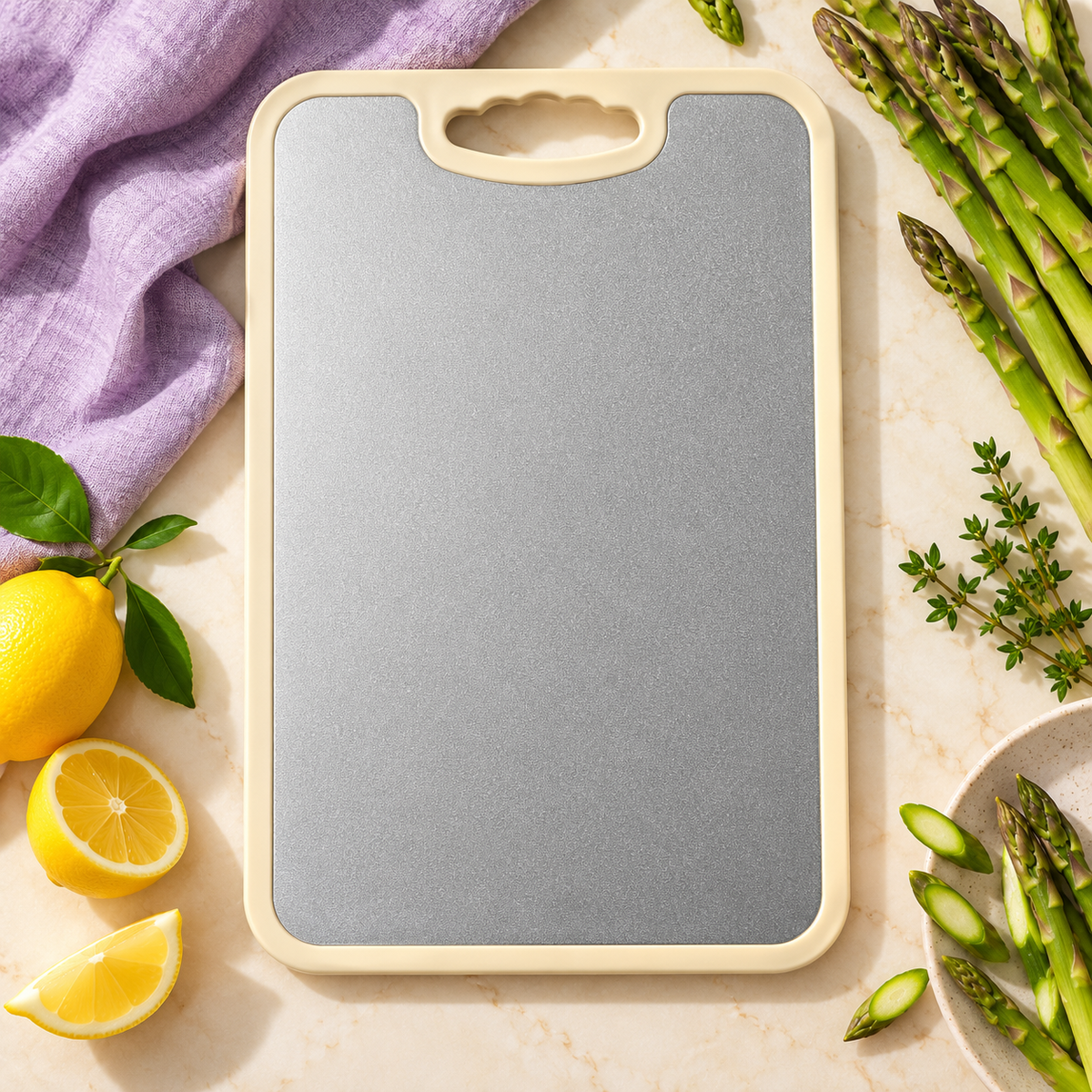Dual-Sided Cutting Board with Textured Silver & Marble-Look Faces and Easy-Carry Handle — main 02
