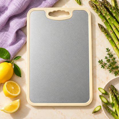 Dual-Sided Cutting Board with Textured Silver & Marble-Look Faces and Easy-Carry Handle — main 02