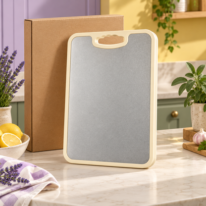 Dual-Sided Cutting Board with Textured Silver & Marble-Look Faces and Easy-Carry Handle — main 03