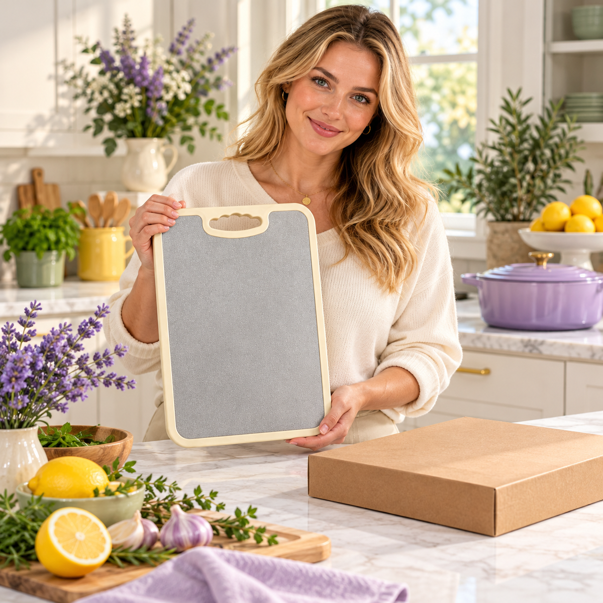 Dual-Sided Cutting Board with Textured Silver & Marble-Look Faces and Easy-Carry Handle — model female