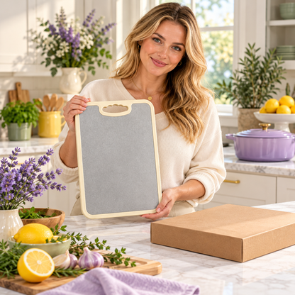 Dual-Sided Cutting Board with Textured Silver & Marble-Look Faces and Easy-Carry Handle — model female