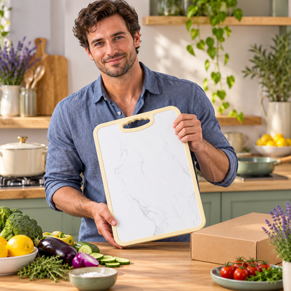 Dual-Sided Cutting Board with Textured Silver & Marble-Look Faces and Easy-Carry Handle — model male