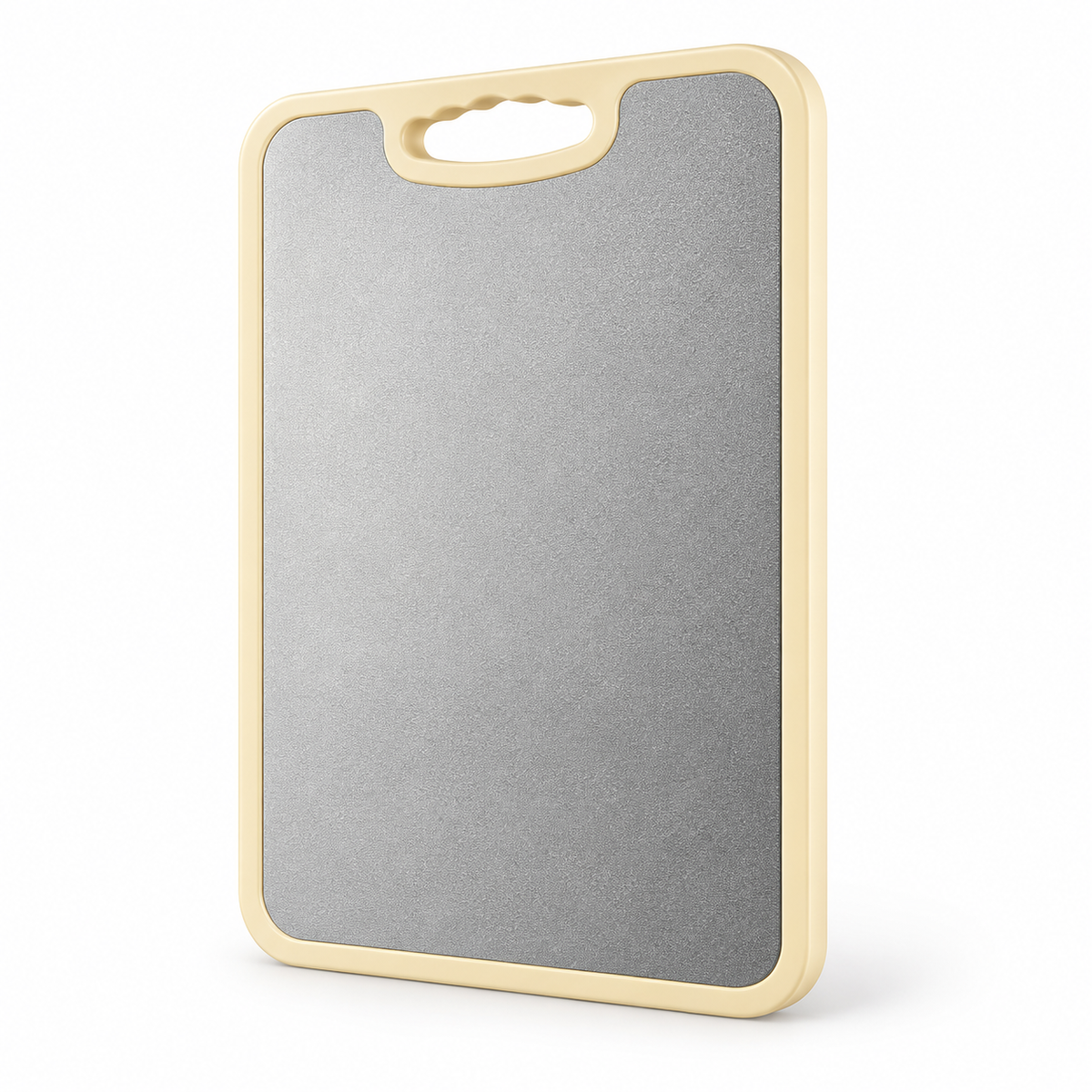 Dual-Sided Cutting Board with Textured Silver & Marble-Look Faces and Easy-Carry Handle — white background