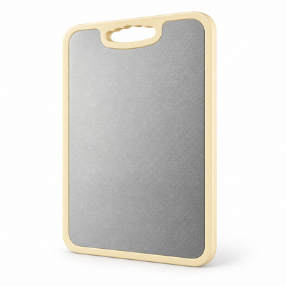 Dual-Sided Cutting Board with Textured Silver & Marble-Look Faces and Easy-Carry Handle — white background