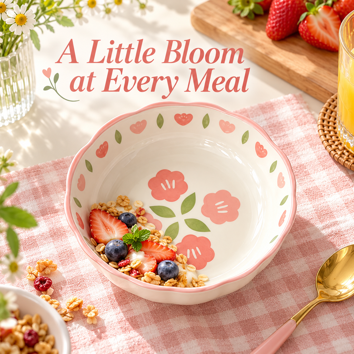 Pink Blossom Rice Bowl with Scalloped Rim & Floral Interior for Cheerful Everyday Dining — A Little Bloom at Every Meal