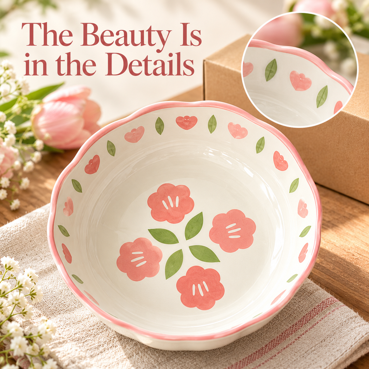 Pink Blossom Rice Bowl with Scalloped Rim & Floral Interior for Cheerful Everyday Dining — The Beauty Is in the Details