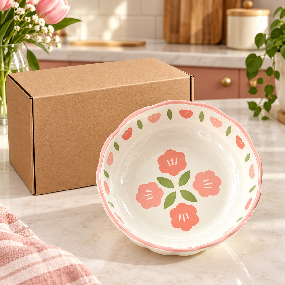 Pink Blossom Rice Bowl with Scalloped Rim & Floral Interior for Cheerful Everyday Dining — main view with plain kraft packaging
