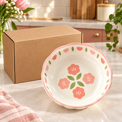 Pink Blossom Rice Bowl with Scalloped Rim & Floral Interior for Cheerful Everyday Dining — main view with plain kraft packaging