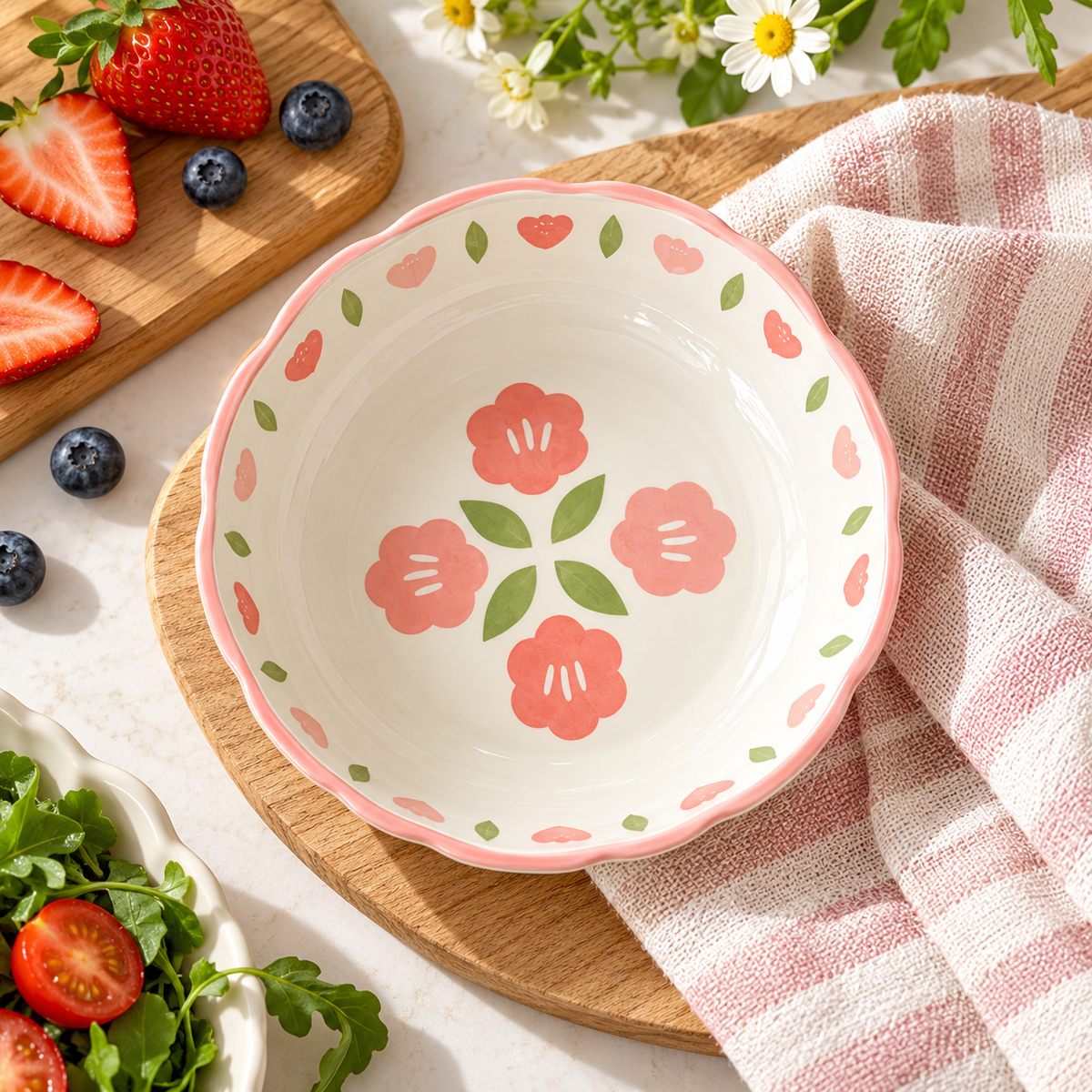 Pink Blossom Rice Bowl with Scalloped Rim & Floral Interior for Cheerful Everyday Dining — main 02