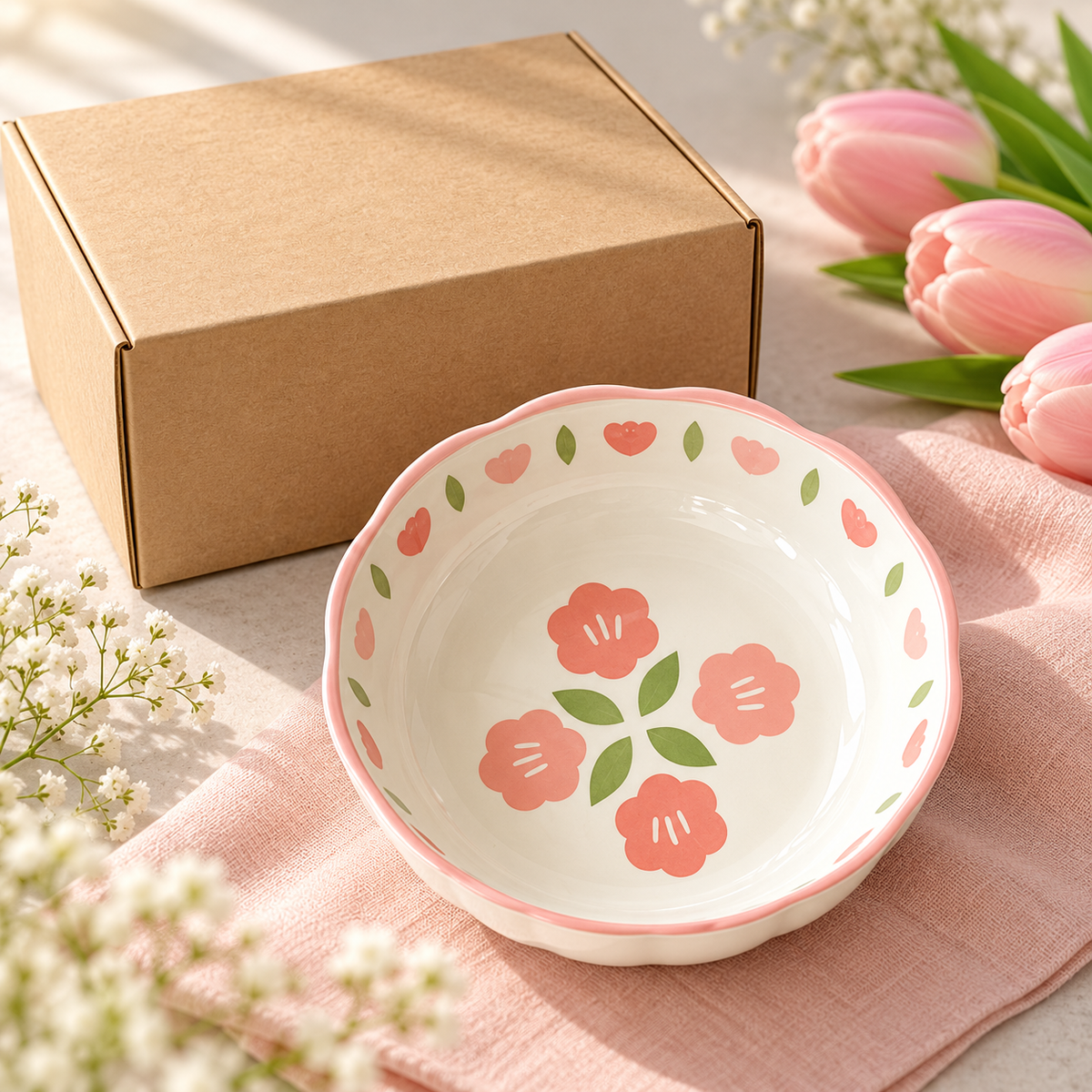 Pink Blossom Rice Bowl with Scalloped Rim & Floral Interior for Cheerful Everyday Dining — main 03