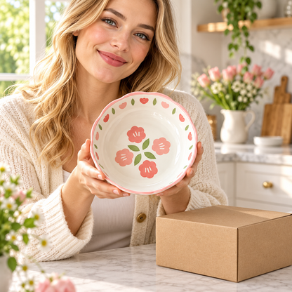 Pink Blossom Rice Bowl with Scalloped Rim & Floral Interior for Cheerful Everyday Dining — female lifestyle model holding product