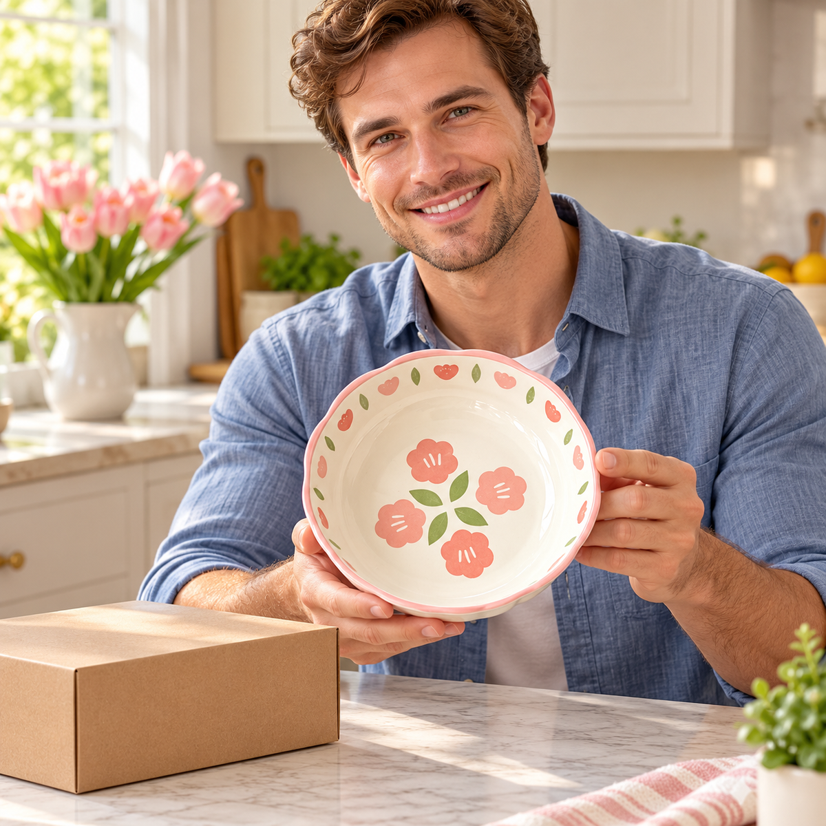 Pink Blossom Rice Bowl with Scalloped Rim & Floral Interior for Cheerful Everyday Dining — male lifestyle model holding product