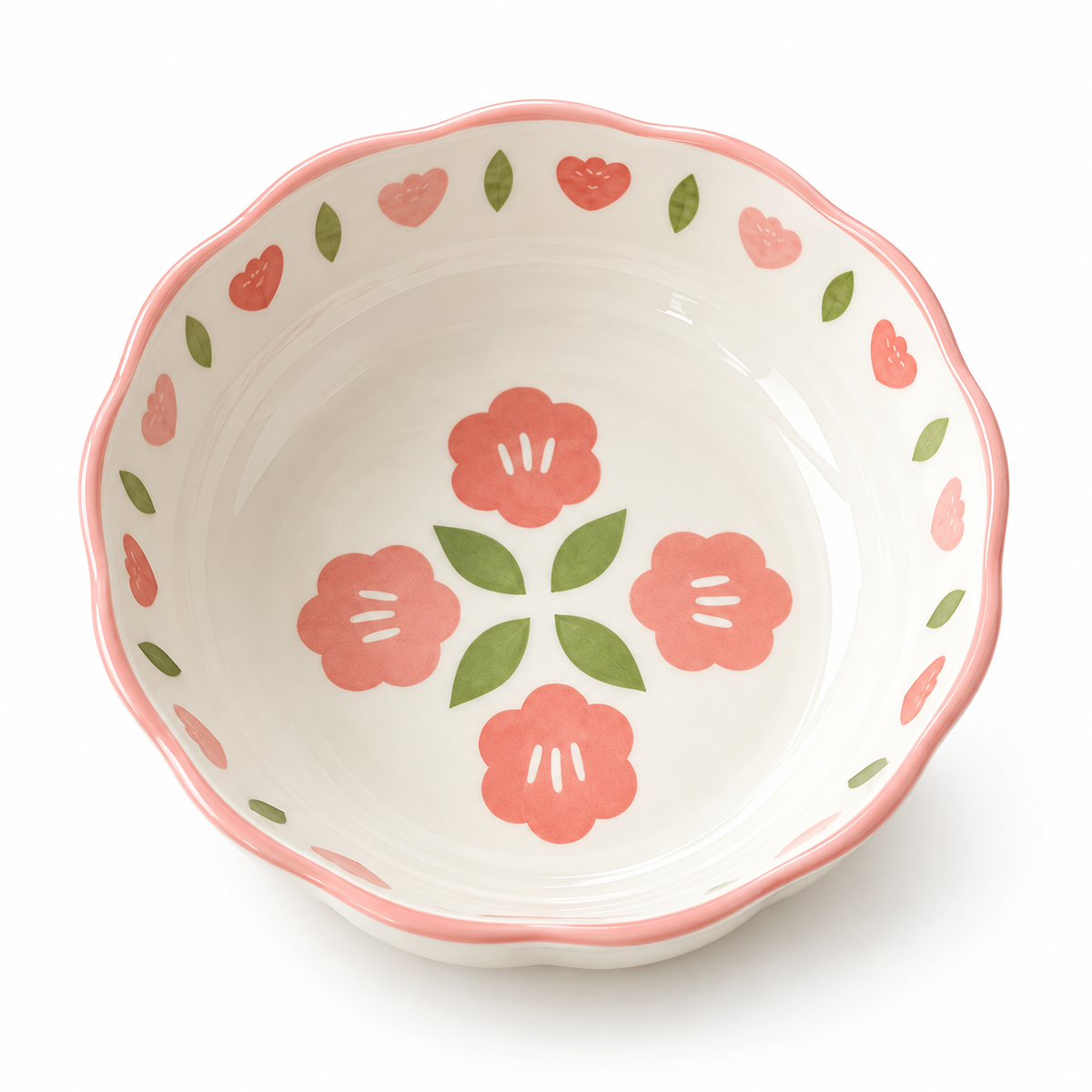Pink Blossom Rice Bowl with Scalloped Rim & Floral Interior for Cheerful Everyday Dining — isolated on white background