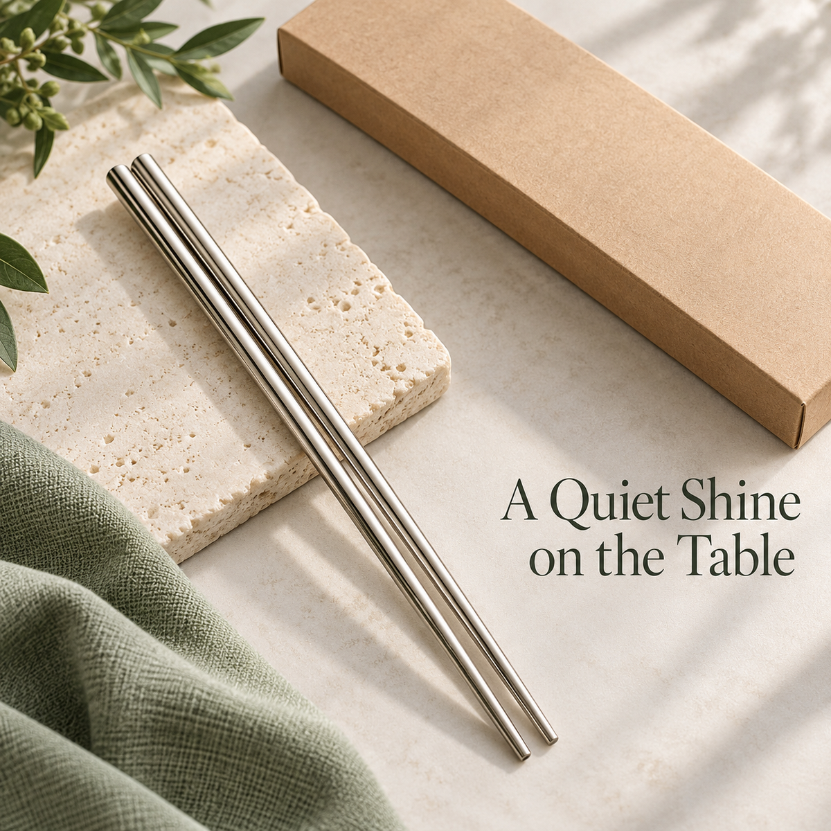 Polished Silver-Finish Chopstick Pair with Slim Tapered Tips for Everyday Dining — A Quiet Shine on the Table