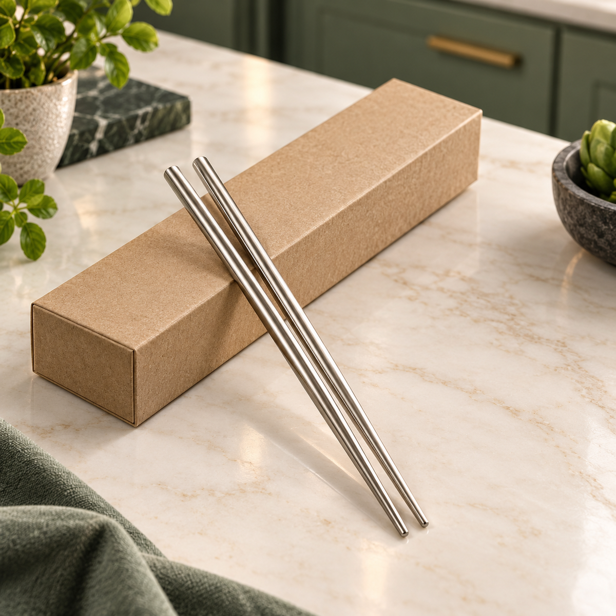 Polished Silver-Finish Chopstick Pair with Slim Tapered Tips for Everyday Dining — main view with plain kraft packaging