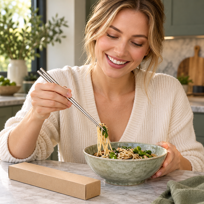 Polished Silver-Finish Chopstick Pair with Slim Tapered Tips for Everyday Dining — female lifestyle model holding product