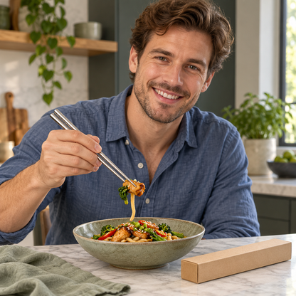 Polished Silver-Finish Chopstick Pair with Slim Tapered Tips for Everyday Dining — male lifestyle model holding product