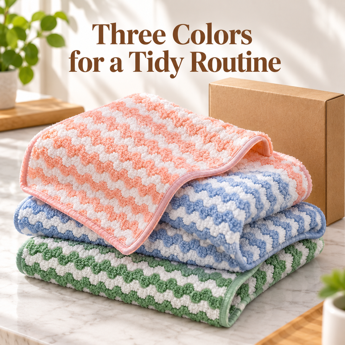 Three-Piece Textured Kitchen Cleaning Cloth Set in Pink, Blue & Green with White Zigzag Stripes — Three Colors for a Tidy Routine
