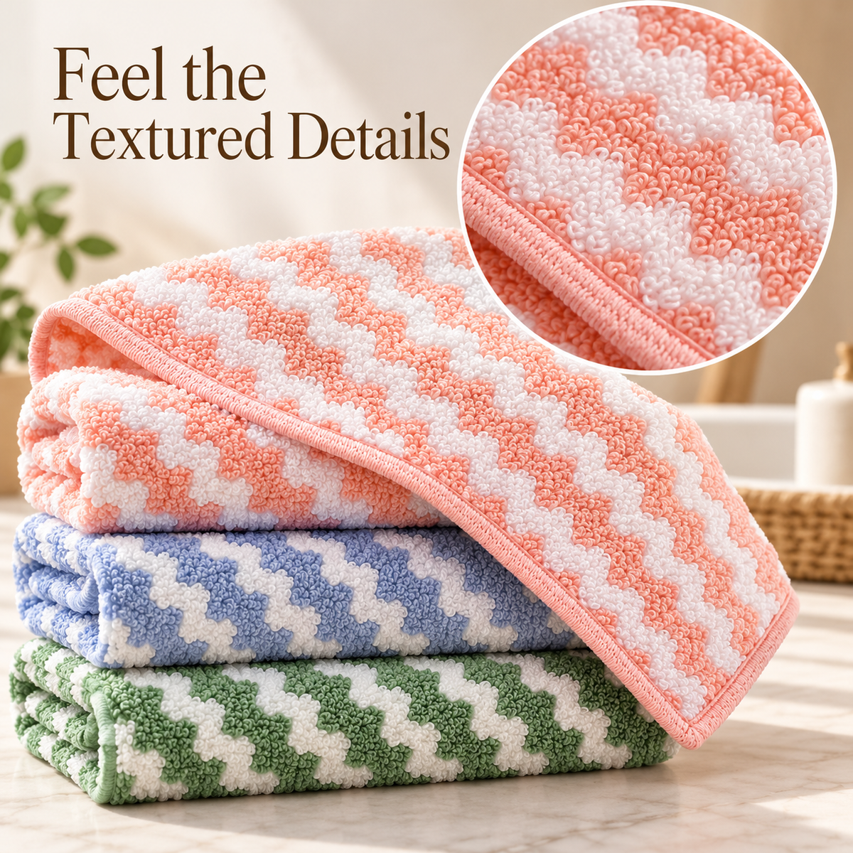 Three-Piece Textured Kitchen Cleaning Cloth Set in Pink, Blue & Green with White Zigzag Stripes — Feel the Textured Details