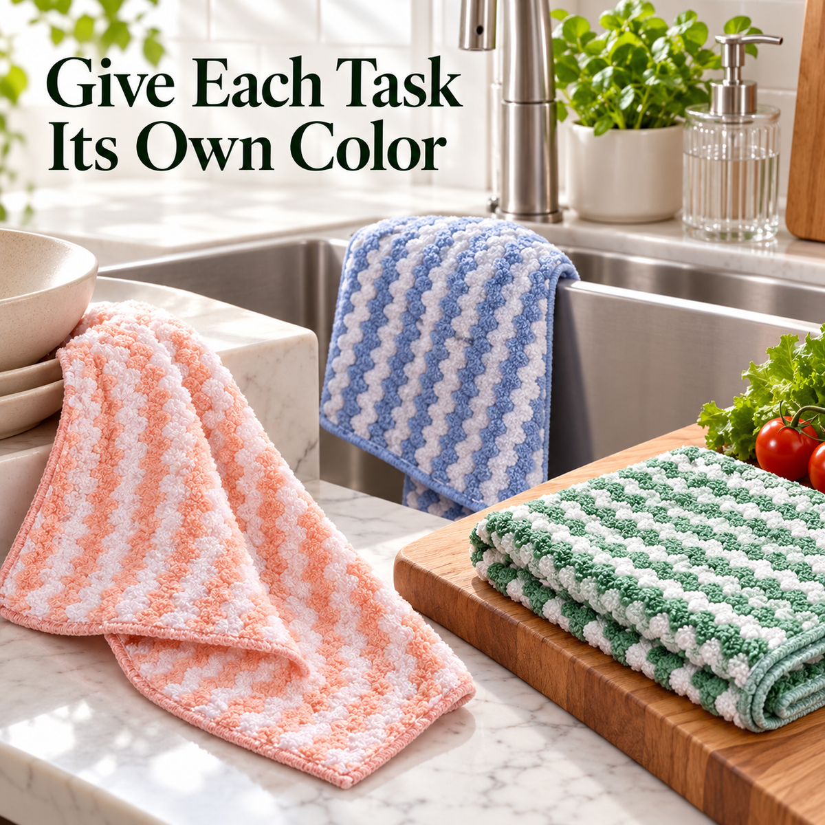 Three-Piece Textured Kitchen Cleaning Cloth Set in Pink, Blue & Green with White Zigzag Stripes — Give Each Task Its Own Color