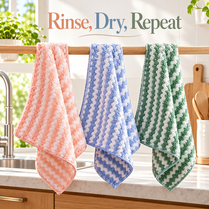 Three-Piece Textured Kitchen Cleaning Cloth Set in Pink, Blue & Green with White Zigzag Stripes — Rinse, Dry, Repeat