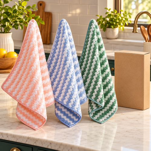 Three-Piece Textured Kitchen Cleaning Cloth Set in Pink, Blue & Green with White Zigzag Stripes — main view with plain kraft packaging