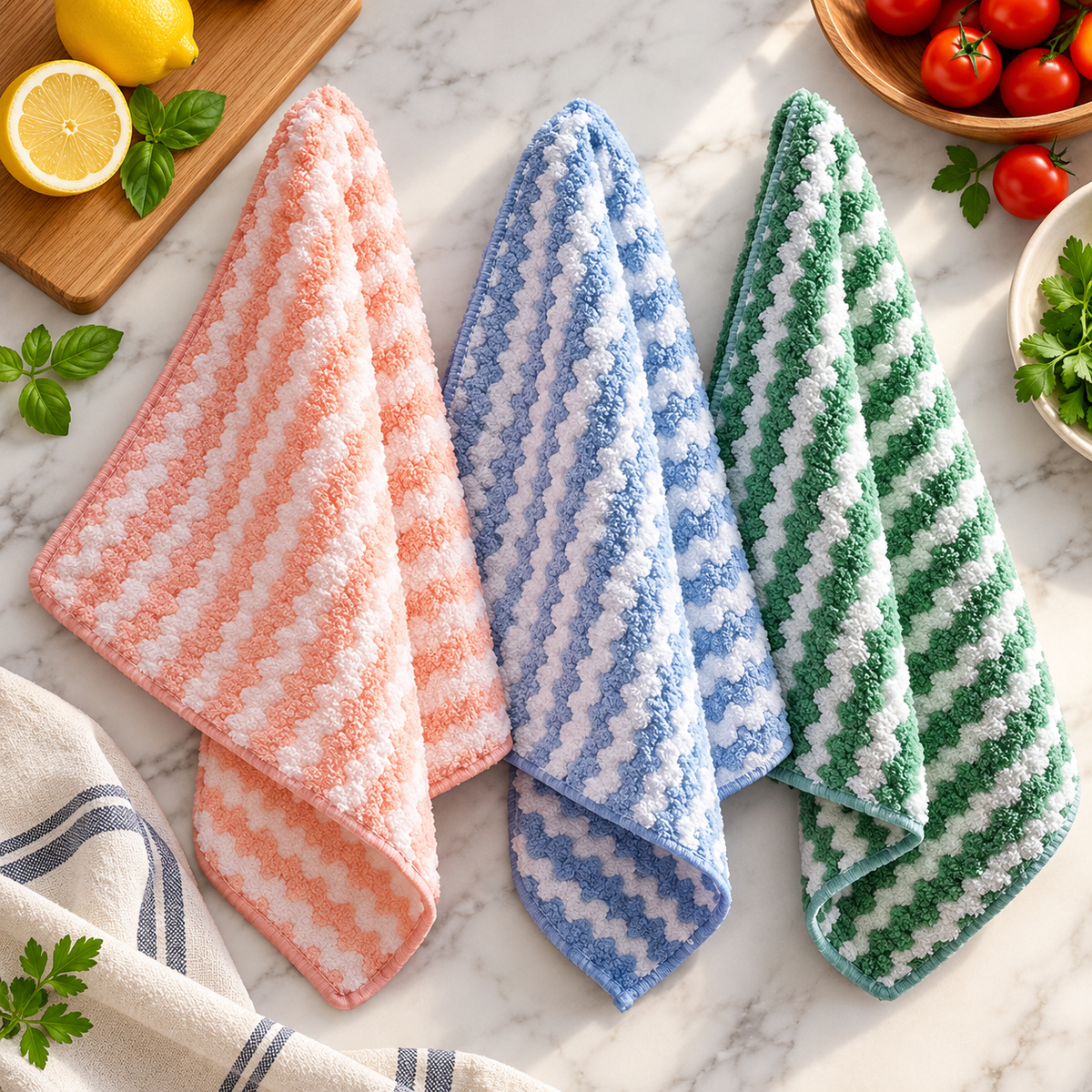 Three-Piece Textured Kitchen Cleaning Cloth Set in Pink, Blue & Green with White Zigzag Stripes — main 02