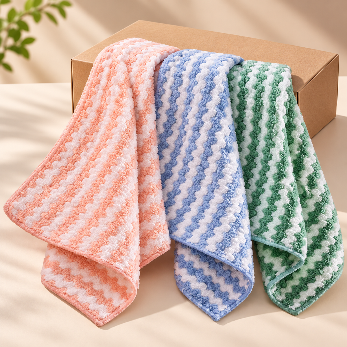 Three-Piece Textured Kitchen Cleaning Cloth Set in Pink, Blue & Green with White Zigzag Stripes — main 03