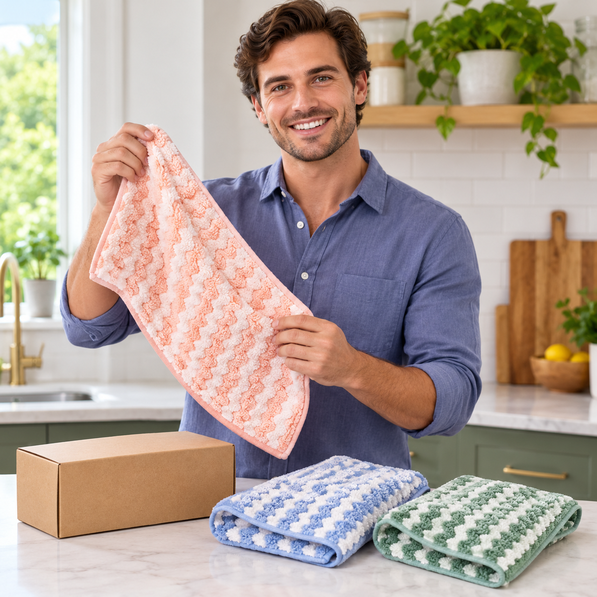 Three-Piece Textured Kitchen Cleaning Cloth Set in Pink, Blue & Green with White Zigzag Stripes — male lifestyle model holding product