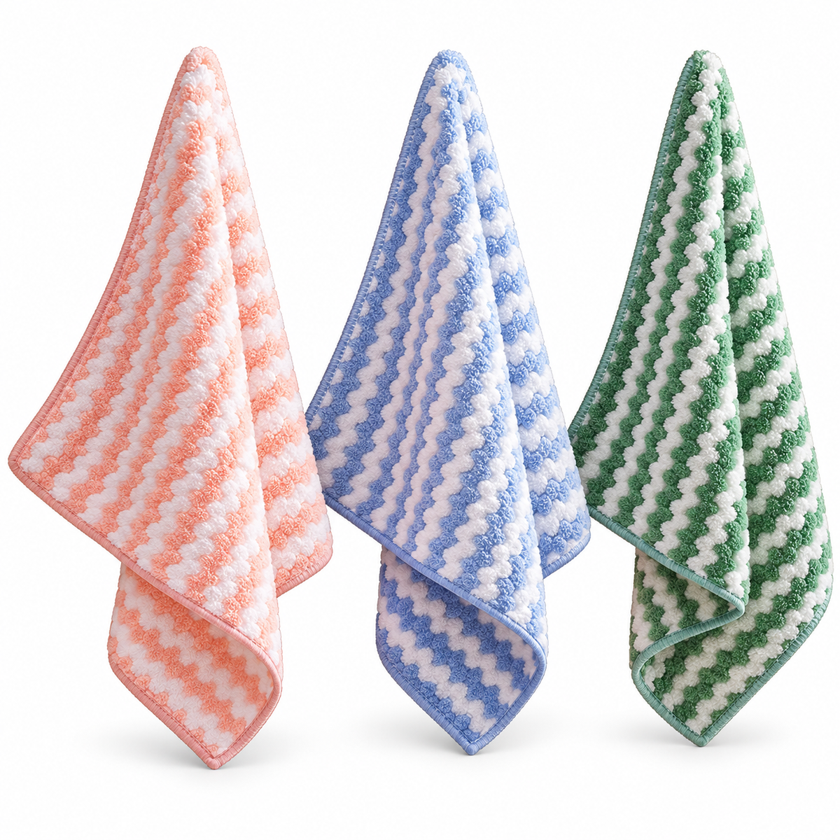 Three-Piece Textured Kitchen Cleaning Cloth Set in Pink, Blue & Green with White Zigzag Stripes — isolated on white background