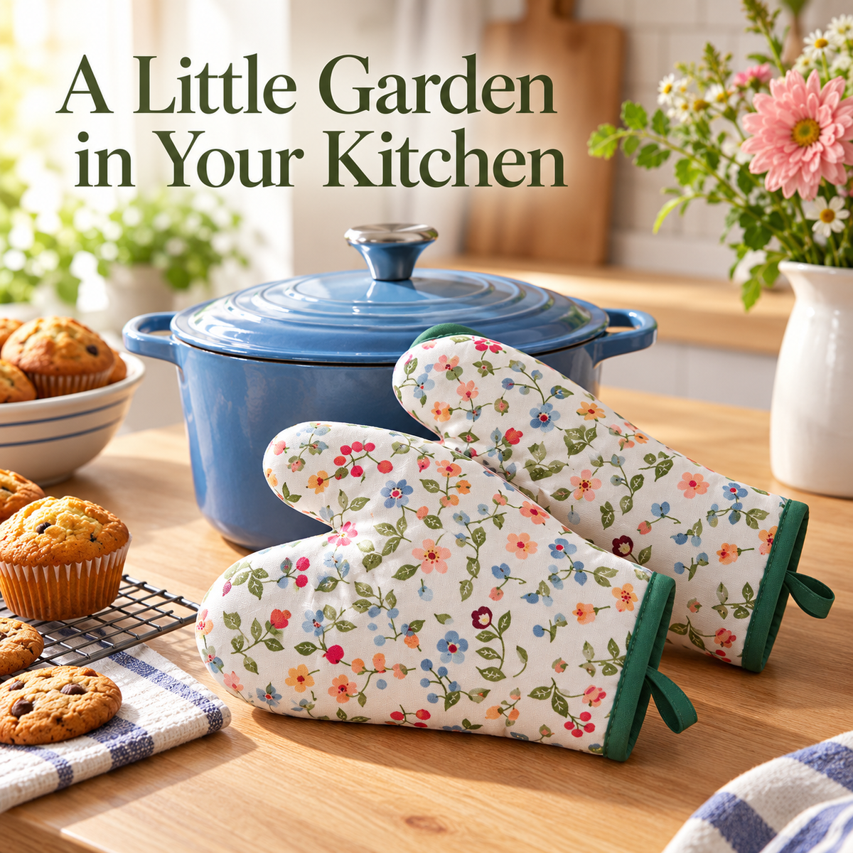 Floral Oven Mitt Pair with Green Trim, Padded Shape & Hanging Loops for a Cozy Kitchen — A Little Garden in Your Kitchen