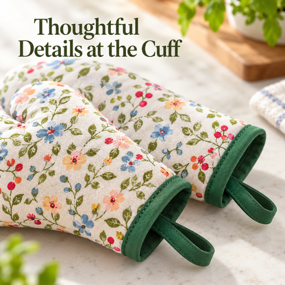 Floral Oven Mitt Pair with Green Trim, Padded Shape & Hanging Loops for a Cozy Kitchen — Thoughtful Details at the Cuff