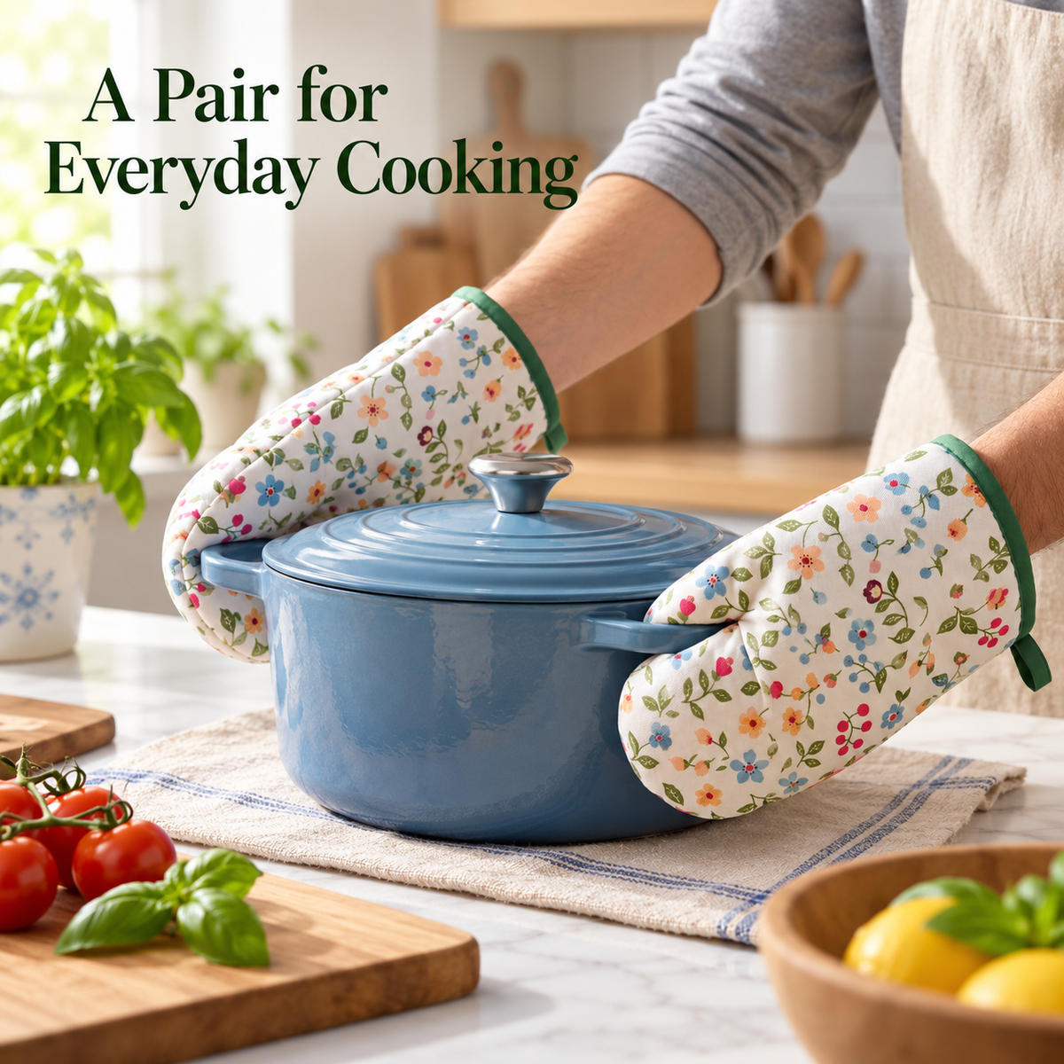 Floral Oven Mitt Pair with Green Trim, Padded Shape & Hanging Loops for a Cozy Kitchen — A Pair for Everyday Cooking